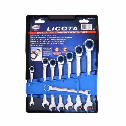 Комплект тресчотни ключове LICOTA, 72 зъба, SW 8 - 19 мм, 8 части