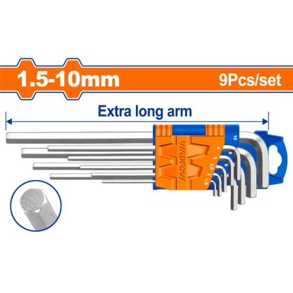Комплект Г-образни ключове WADFOW, Ex-long, SW 1.5 - 10 мм, 9 броя
