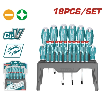 Комплект отвертки със стойка TOTAL, SL, PH, Tx, CrV, 18 части