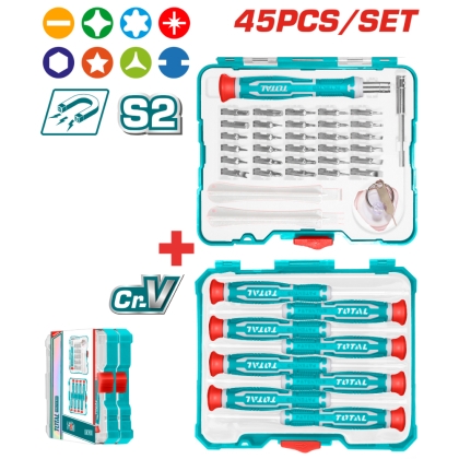 Комплект прецизни отвертки с накрайници TOTAL INDUSTRIAL, 45 части