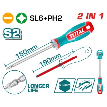 Отвертка 2 в1 TOTAL, PH 2 + SL 6 x 150 мм